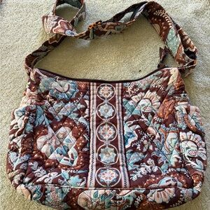 Vera Bradley Quilted Shoulder Bag Brown Blue Floral Cotton Purse